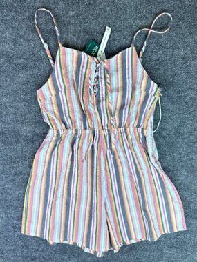 NWT Roxy Womens Endless Love Striped Organic Cotton Romper Lace Up Front Size M